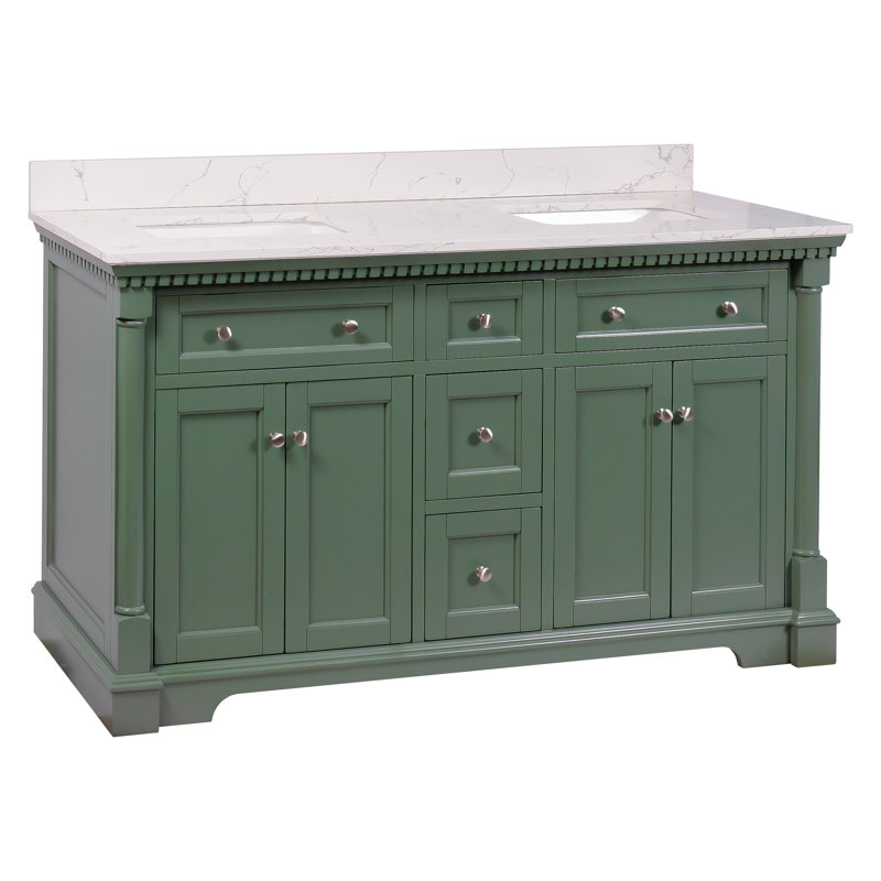 Fossen 60" Double Bathroom Vanity Set with Sage Green Cabinet and Engineered Marble Countertop, Sage Green, Engineered Marble