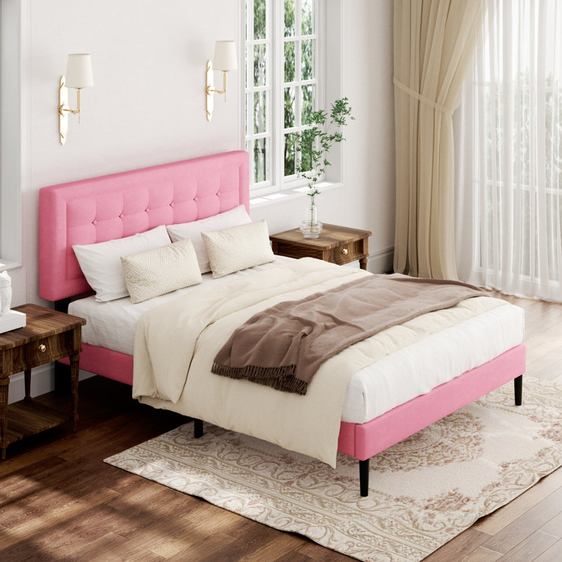 Sebria Bed Frame with Velvet Upholstered Square Design Headboard Platform Bed with Strong Wood Slats, King, Pink