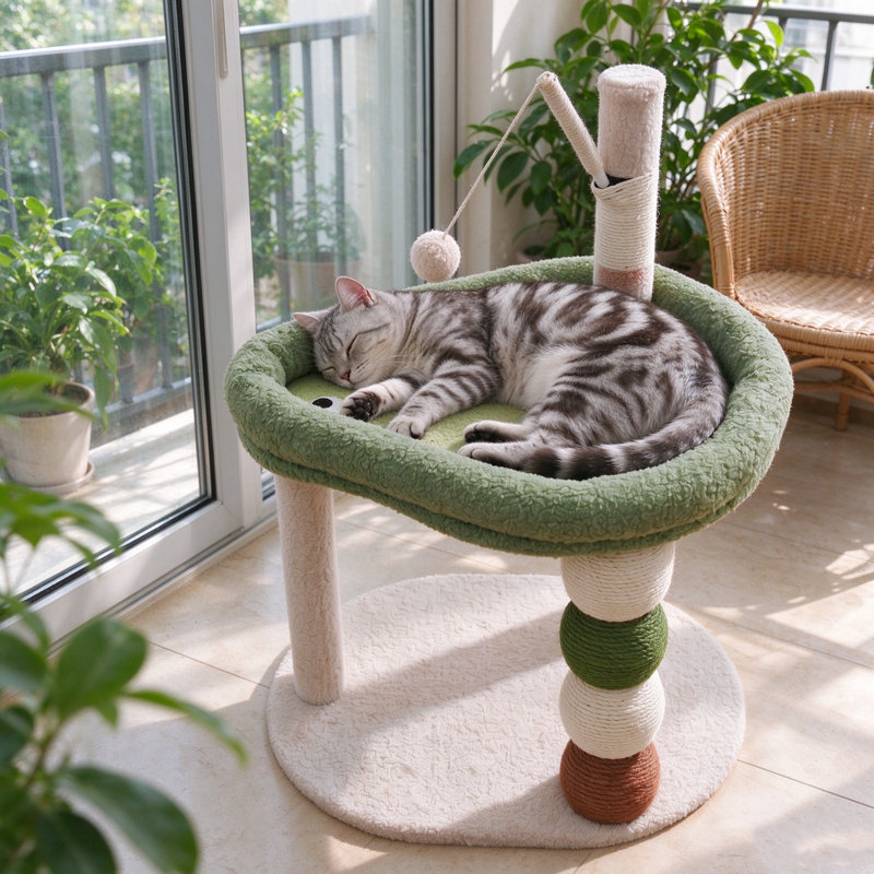 Petite tour à chat avec lit, arbre à chat mignon pour chats d'intérieur, poteau à griffer en sisal avec jouet suspendu et boules en sisal, perchoir à plusieurs niveaux