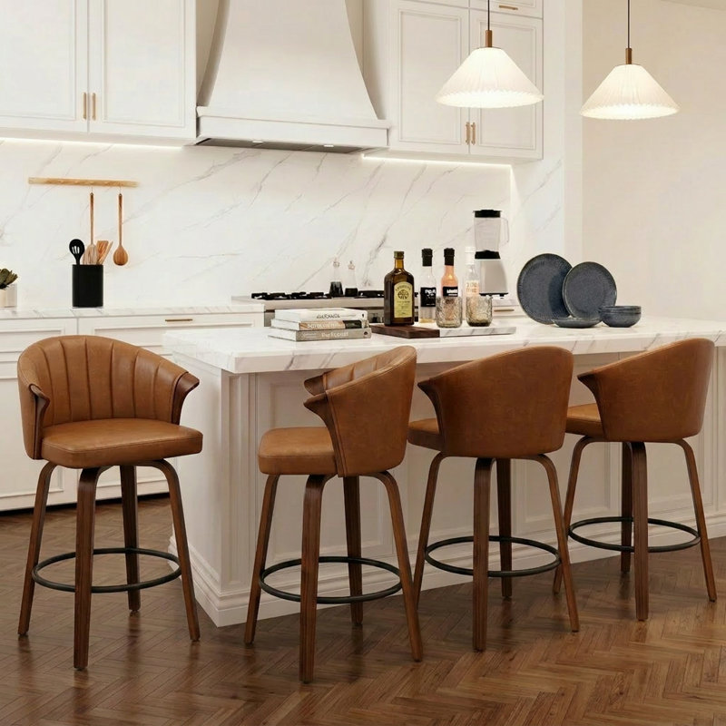 Tabouret de comptoir pivotant rembourré avec structure en bois Devault, Brun