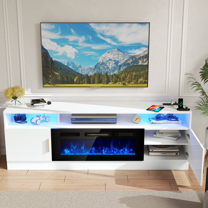 Meuble télé 80 po pour téléviseur de 88 po ou moins avec foyer électrique, prises de courant, lumières DEL et tablettes réglables