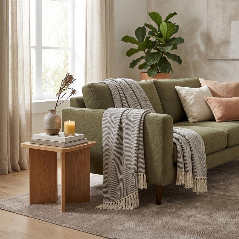 Jeté rayé en coton tissé gris