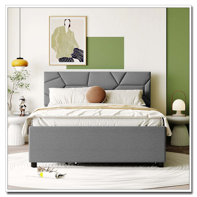 Lit plateforme tapissier avec tête de lit à motif brique et gigogne simple, gris
