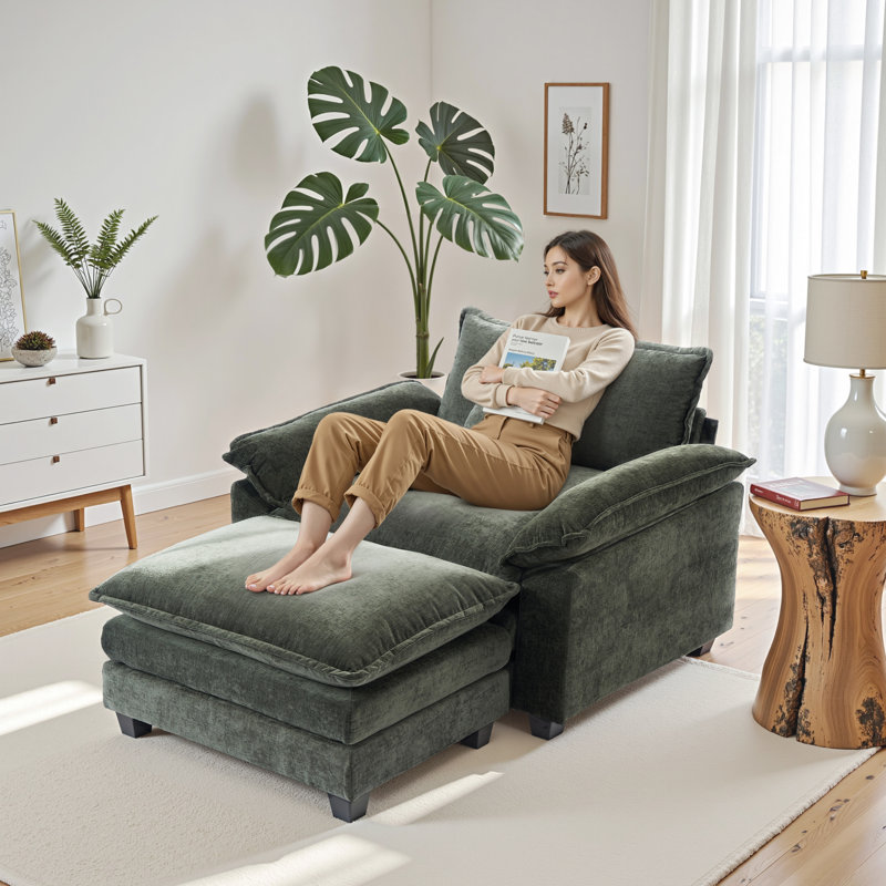 Chenille Cloud Accent Chair with Ottoman, Oversized Deep Seat Lounge Chair with Pillow, Green