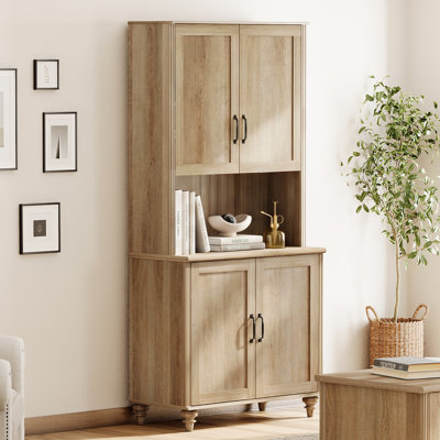 Scarlett 72"H Tall Bookcase With Wood Doors And Storage Cabinet, Farmhouse Display Book Shelf With Barn Doors, Library Wooden Bookshelves For Living Room, Office, Kitchen, Oak