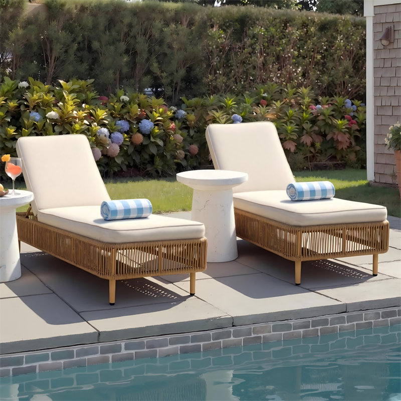 Outdoor Chaise Lounge With Cushion And 5 Ajustable Backrest, White Cushion/Brown Frame