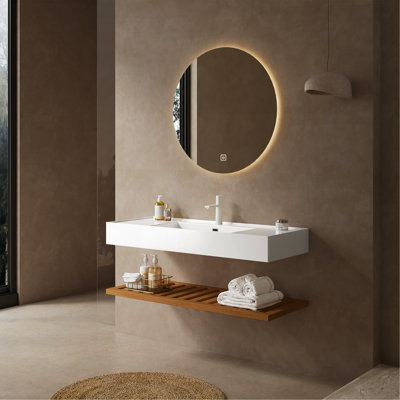 Meuble-lavabo de 48 po avec lavabo vasque, lavabo intégré mural flottant rectangulaire en acrylique blanc sans robinet, tablette rayée, couleur grain de bois noyer foncé