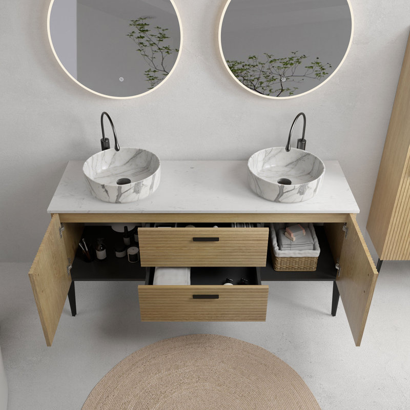 60" Double Bathroom Vanity with Engineered Stone Top & Ceramic Vessel Sinks, Carrara White