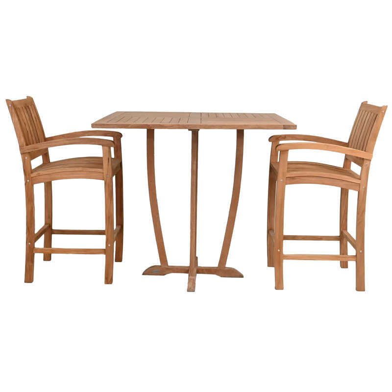 Teak Wood Bistro Bar Set Including 35" Square Miami Bar Table And Abacho Barstools With Arms, 2