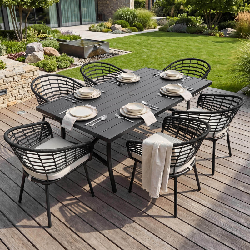 Outdoor 7-Piece Woven Rope Dining Set with Cushions, 6, Rectangular