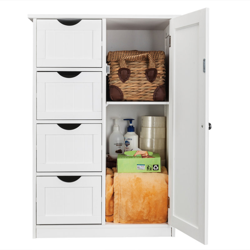 Armoire de salle de bain blanche à une porte avec 4 tiroirs - Élégante unité de rangement compacte pour la maison