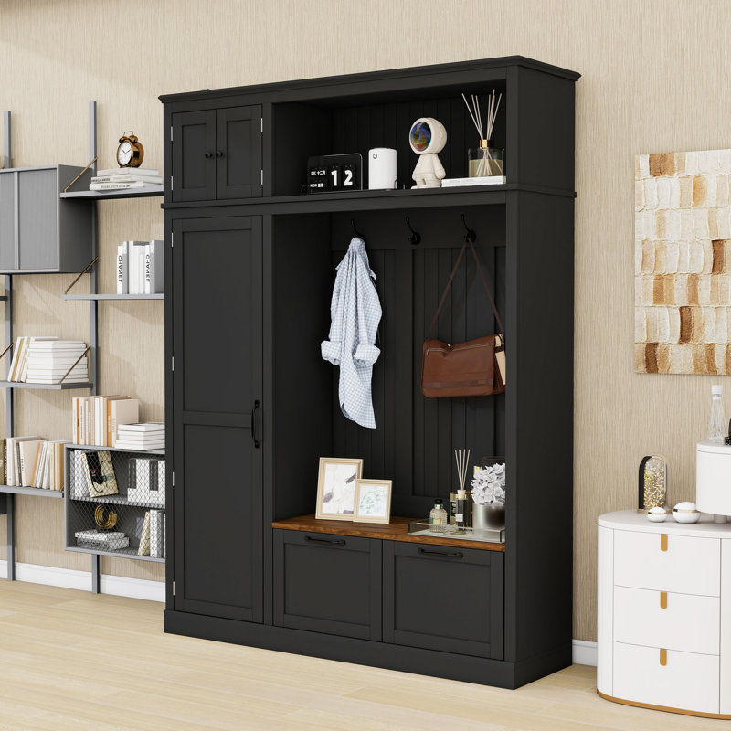 Elegant Hall Tree with Adjustable Compartments and Concealed Drawers, Black