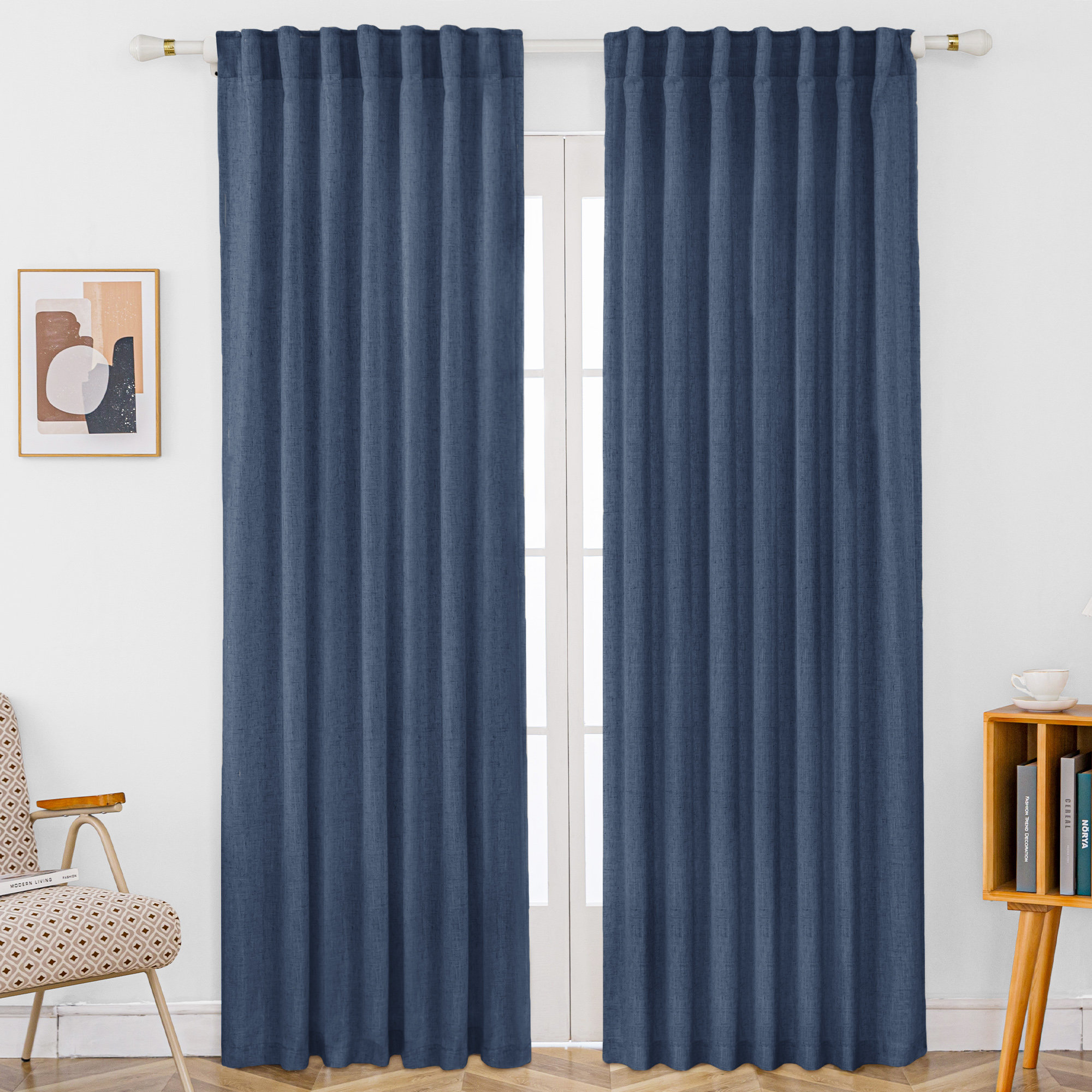 Toyoko Linen Blend Semi-Sheer Back Tab Curtains , Navy, 52" W x 84" L