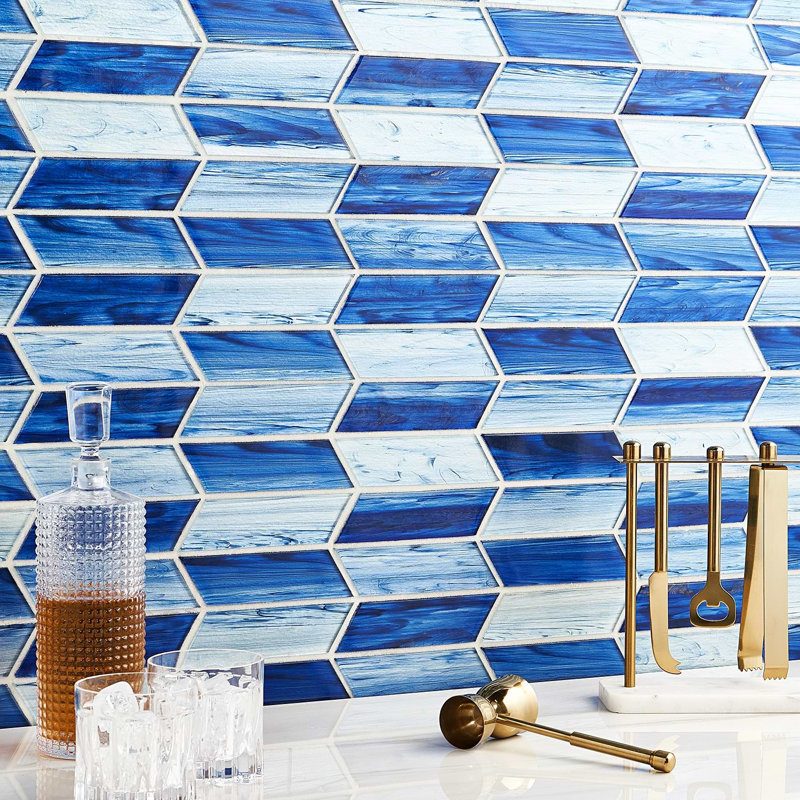 Maya 2x7 Chevron Polished Glass Mosaic Tile, Chevron Azur