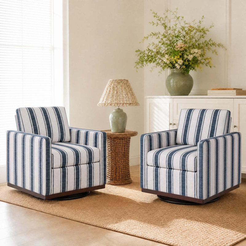 Fauteuil rembourré pivotant, Mélange de coton rayé bleu foncé