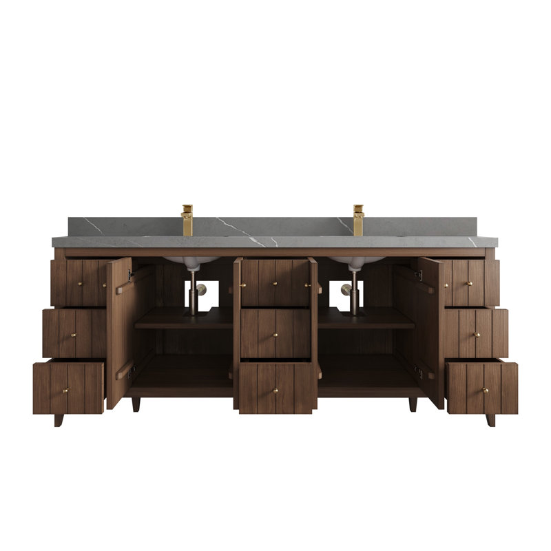 Meuble-lavabo double 84 po avec plateau en quartz Atlanta, Gris Piatra