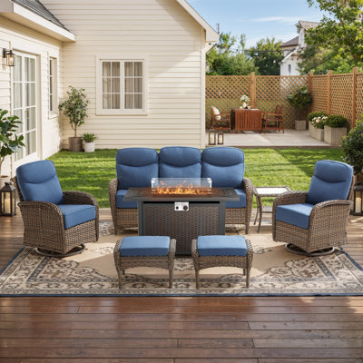 Himonia 7-Piece Outdoor Wicker Patio Rectangle Metal Fire Pit Table Conversation Set With Swivel Gliders And 6" Thick Cushions