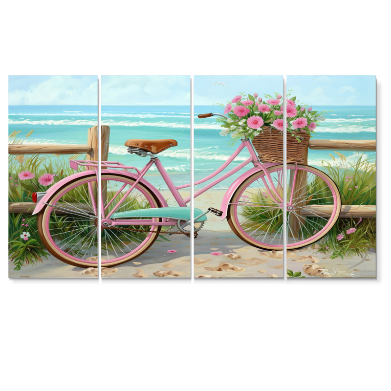 Pink Bicycle With Pink Roses On Beach Path - Coastal Wall Art Print Set, 28" H x 48" W