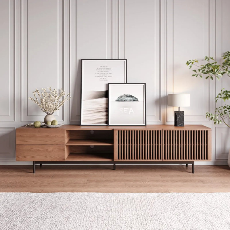Mid-Century Modern TV Stand, Pre-Assembled, Brown, 21.65"H x 94.49"L x 15.75"W