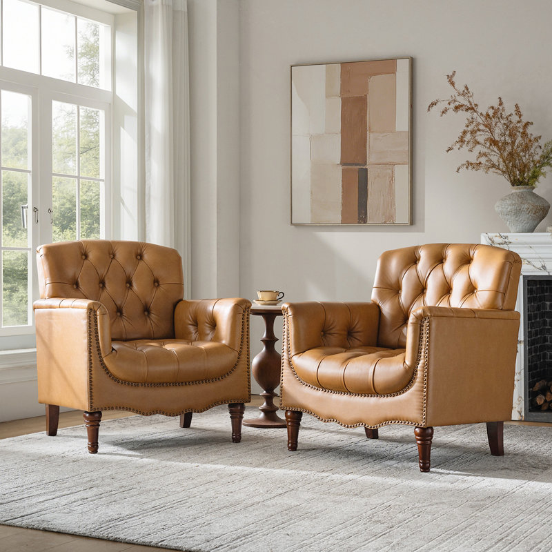 Fauteuil en cuir véritable capitonné Annja, Chameau