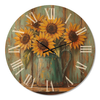 Extra Large Pastoral Rustic Round Wood Wall Clock – Sunflowers in Enamel Pitcher