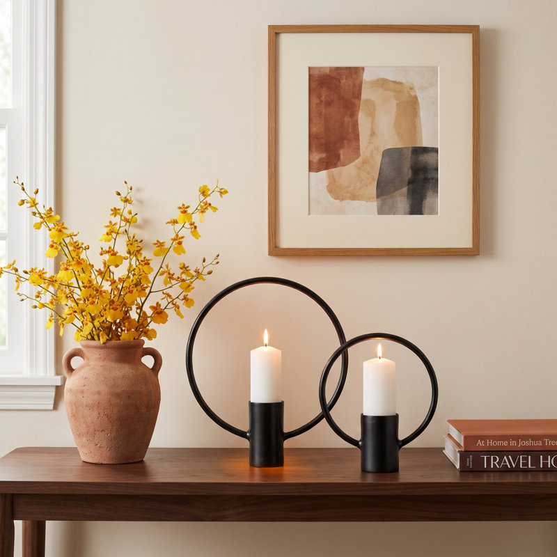 Modern Metal Circular Candle Holder for Pillar or Tapler Candles - Decorative Tabletop Candle Stand for Living Room - Set of 2, 19", 13", Black