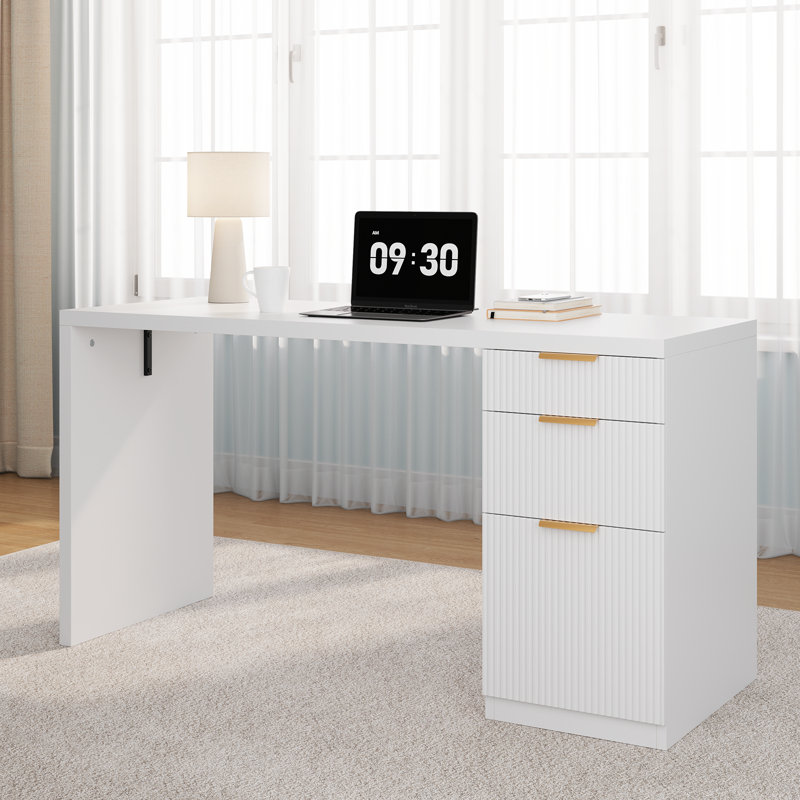 Ato 58" Modern Fluted Executive Desk With Storage, Home Office Desk With Drawer, Cabinet, Outlet, White