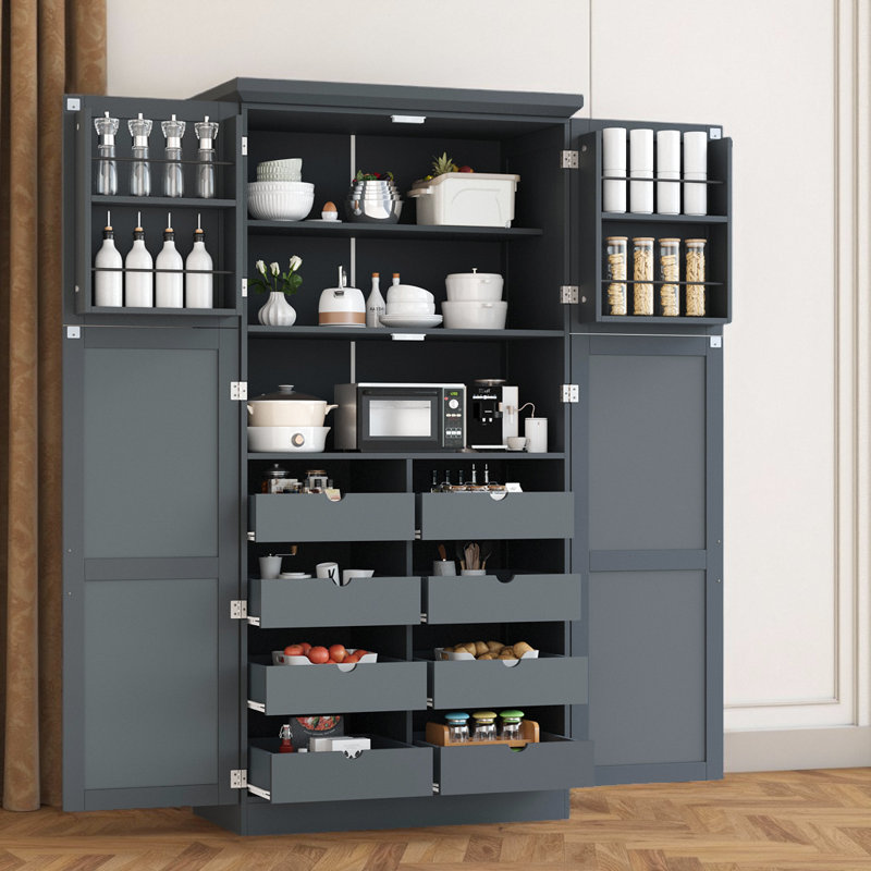 Shaker Style Freestanding Kitchen Pantry Cabinet with 4 Doors & 8 Pull-Out Trays - Storage Cabinet with Anti-Tip Design, Grey