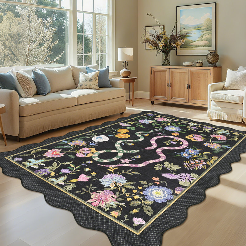 Farmhouse Floral Rug Washable Rug Non Slip Modern Scalloped Carpet, Soft Non Shedding Indoor Carpet, Low Pile Thin Foldable Printed Mat