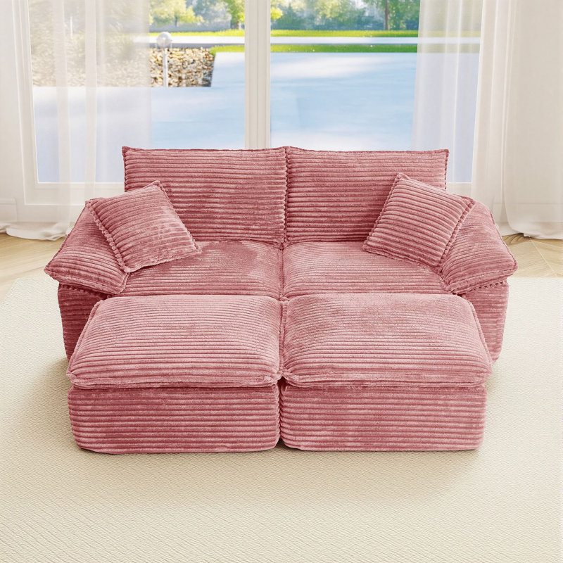 Canapé confortable en velours côtelé de 81 po avec repose-pieds Lewis, Pink Corduroy