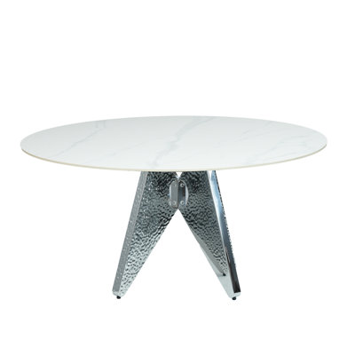 Table de salle à manger moderne 59,95 po, marbre artificiel blanc avec base en acier inoxydable, 6 à 8 personnes, pièce