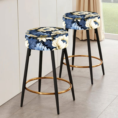 Ensemble de 2 tabourets de bar damassés beige et bleu