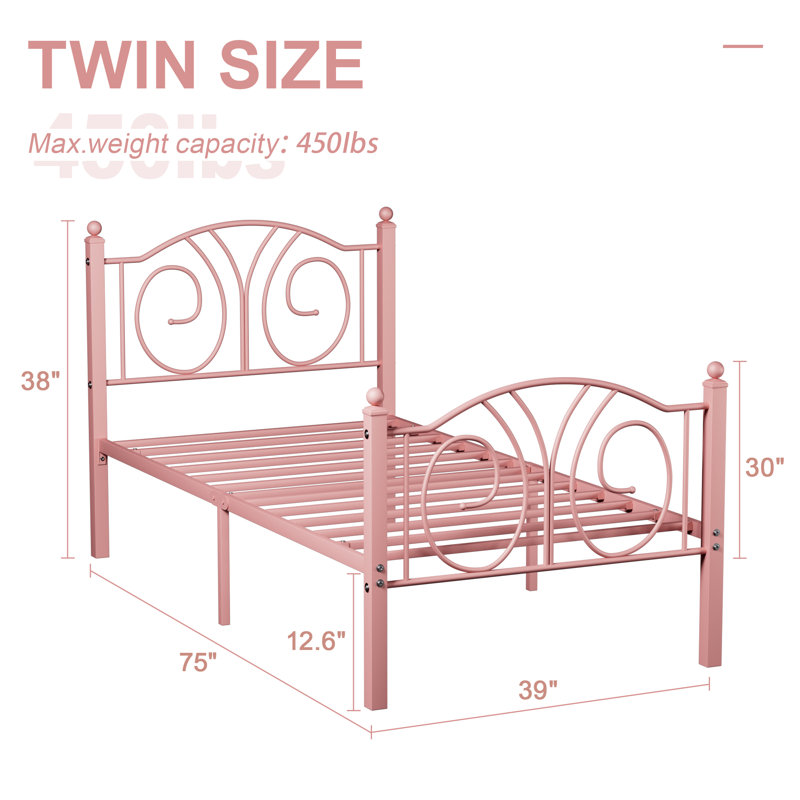 Set Of 2 Twin Size Modern Pink Metal Platform Bed With Headboard And Footboard, 12.6" Under Bed Storage, Pink