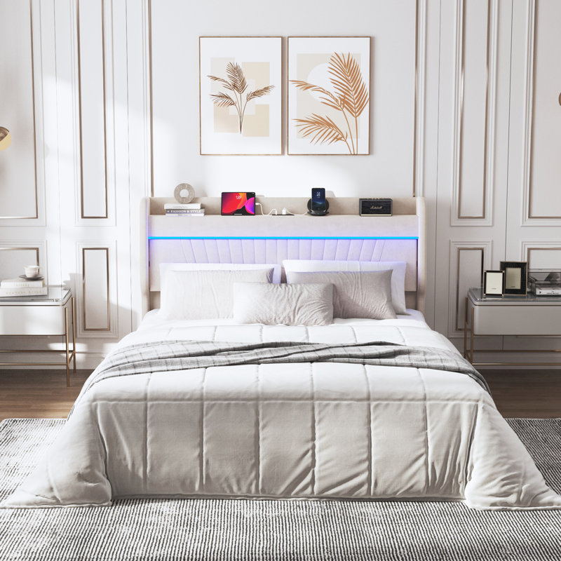 Storage Bed Frame Queen Size: Upholstered Headboard, 4 Drawers, Led Lights, Charging, Stable Structure Beige With & Charging Station: Easy Assembly