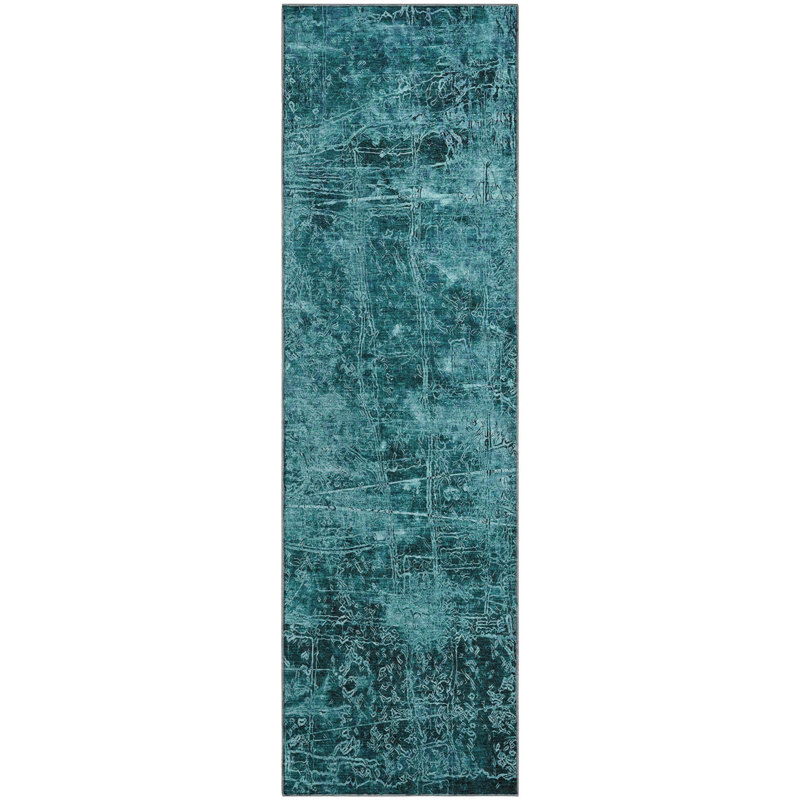 Premium Machine Washable Cerrito AMF559 Teal Rug, Runner 2'3" x 7'6"