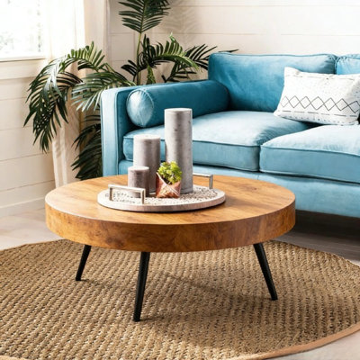31.5" Round Mid-Century Modern Coffee Table with Natural Wood Top & Black Metal Hairpin Legs