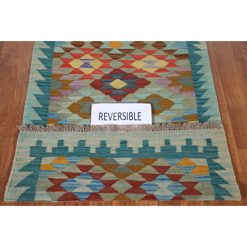Geometric Kilim Reversible Wool Runner Rug 3x9