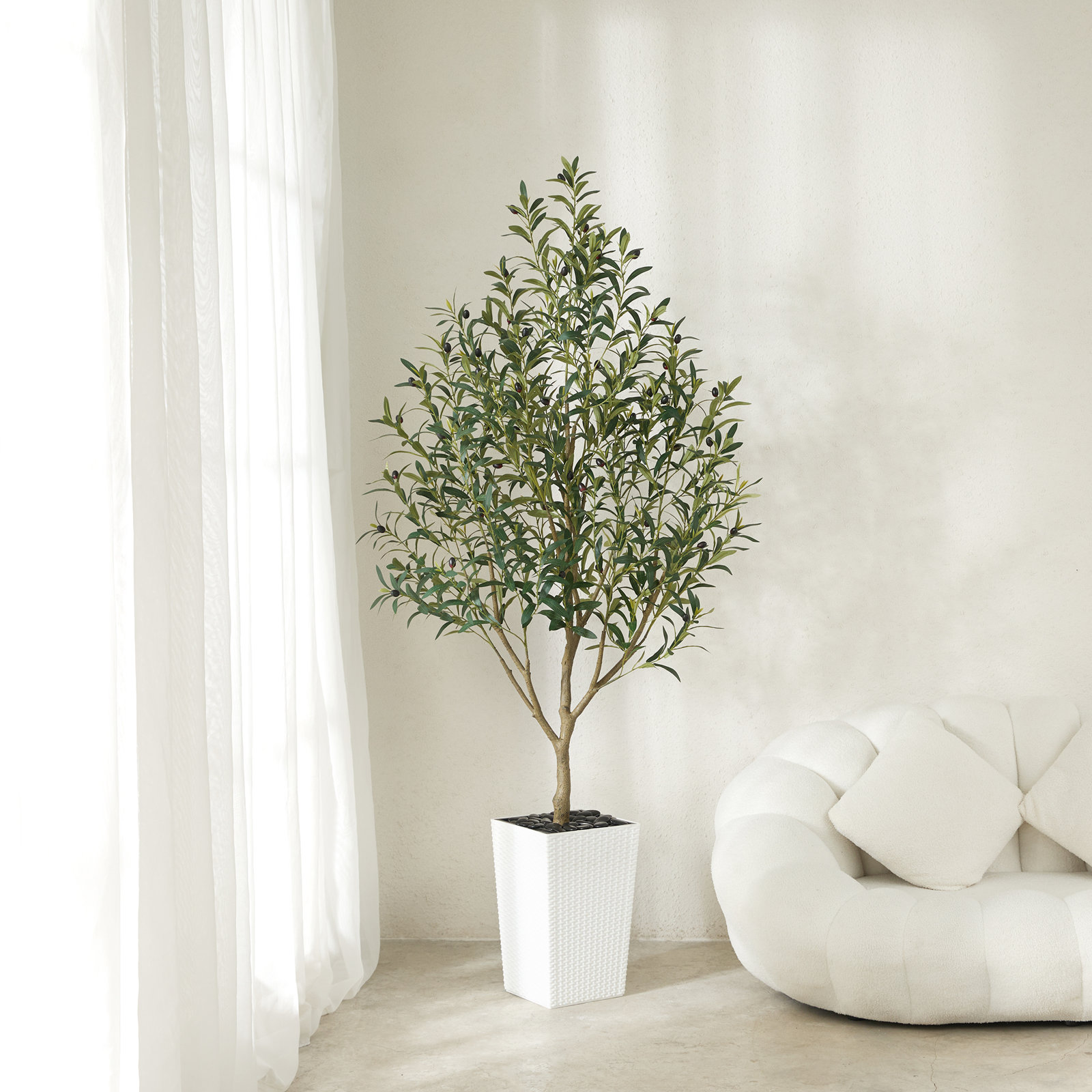 Olive Tree in Decorative Vase, White, 72" H x 24" W x 24" D