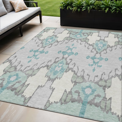 Tapis bleu sarcelle et ivoire lavable à l'ikat 5 pi x 8 pi bleu sarcelle et ivoire