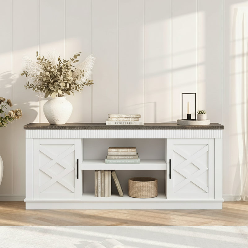 Meuble télé cannelé, avec 2 portes et tablette de rangement ouverte, Blanc