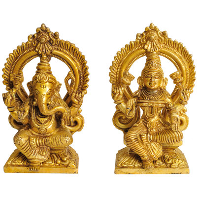 Handmade Brass Pair of Throne Ganesha and Lakshmi Statues - 5 Inch Prosperity Idols for Spiritual Home Decor, Altars, and Wellness Spaces