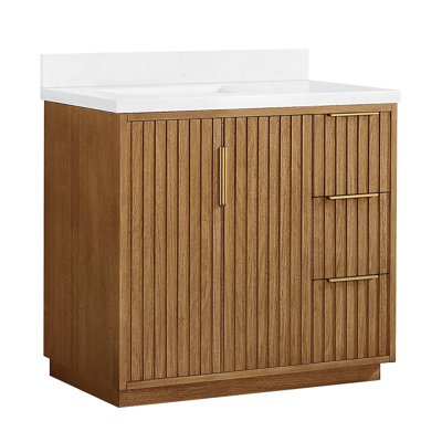 Meuble-lavabo simple 36 po en bois de manguier brun clair avec plateau en pierre à grain blanc