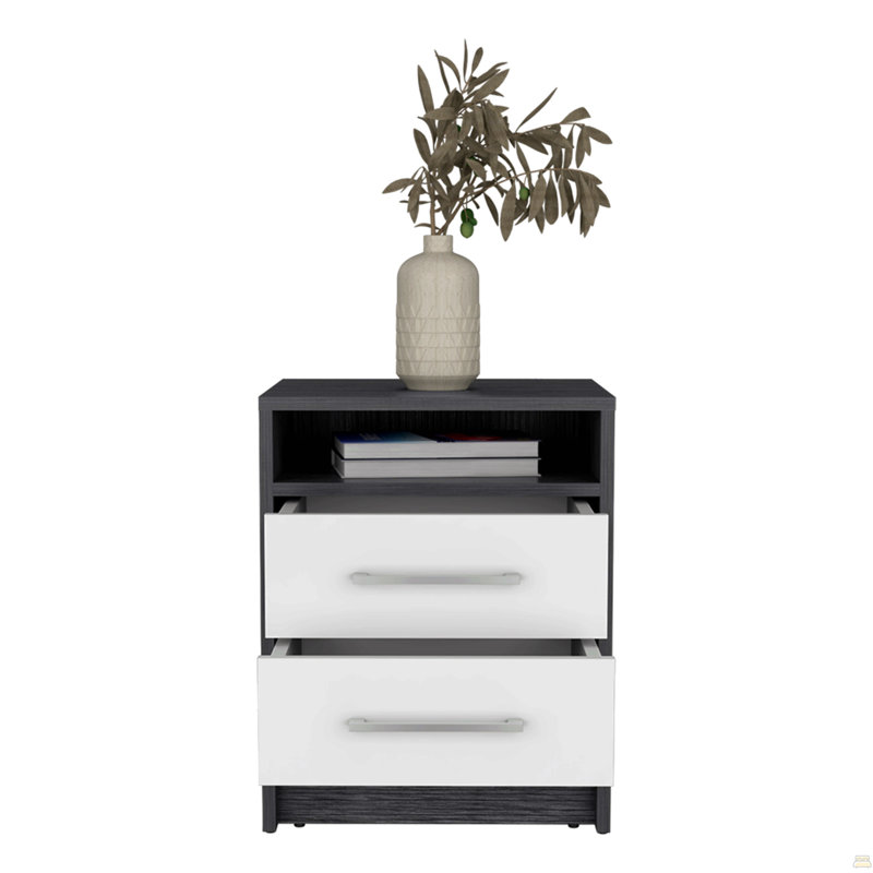 Nightstand Cartiz, Two Drawers, Black/White