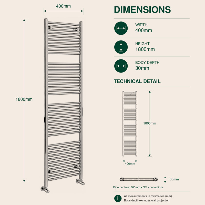 Straight Towel Rail Heated Towel Rails, 180cm H x 40cm W x 3cm D, Chrome