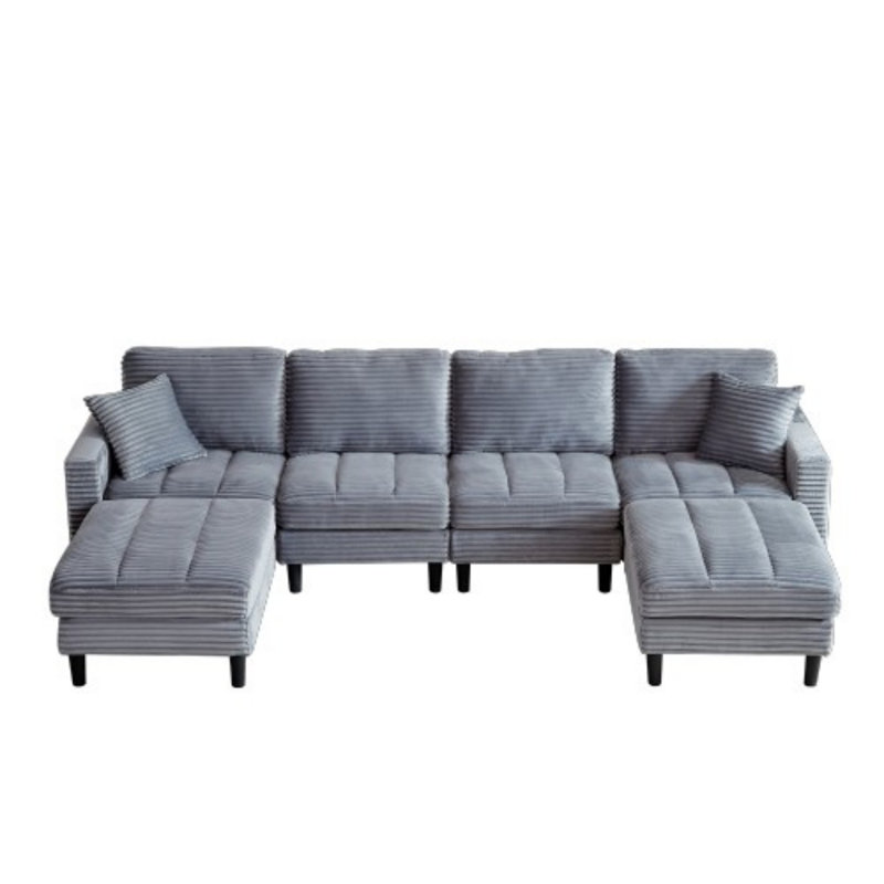 U-Shaped Modular Sofa with 2 Pillows, Gray Corduroy