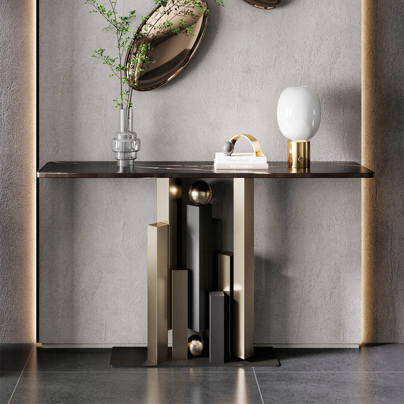 Console moderne en pierre frittée simple, H 33,4 po x l 62,9 po x P 11,8 po, Noir, Noir et or