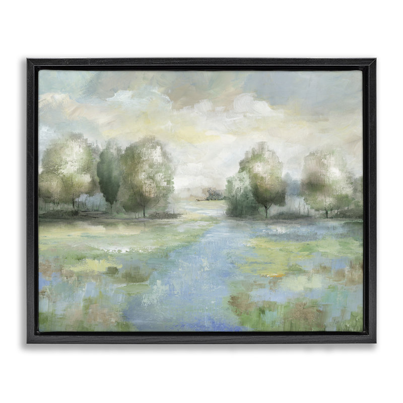Art abstrait sur toile, "Meadow", par Nan, Cadre flottant noir de jais, H 17 po x l 21 po