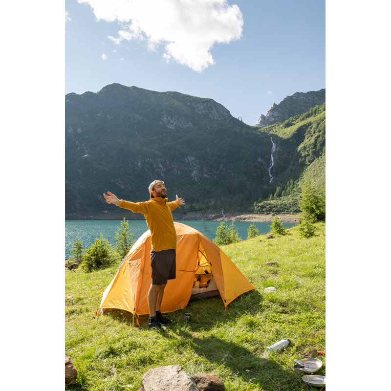 Man Outside Tent Stretching Arms Out by Mystockimages - No Frame Art Prints on Canvas, 91cm H x 61cm W