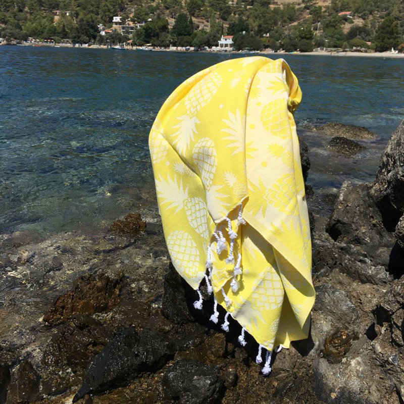 Luxurious Fouta Beach Towel, Pineapple Pattern, 39.4 x 70.9 inches | 100% Cotton, 6.8 oz/sq yd | High Absorbency, Super Soft, Machine Washable | Perfect for Beach, Pool, or Spa - Vibrant Yellow Color