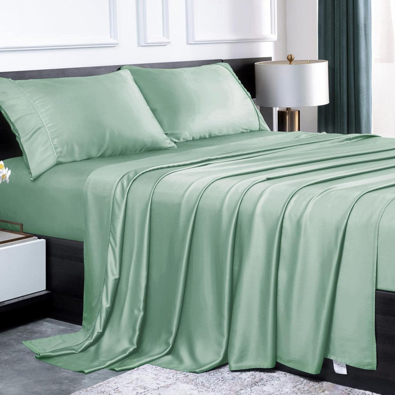 100% Rayon from Bamboo Sheet Set, 16" Deep Pocket Cooling Silky Soft Bed Sheets, Green, Full Sheet Set  with 2 Pillowcases
